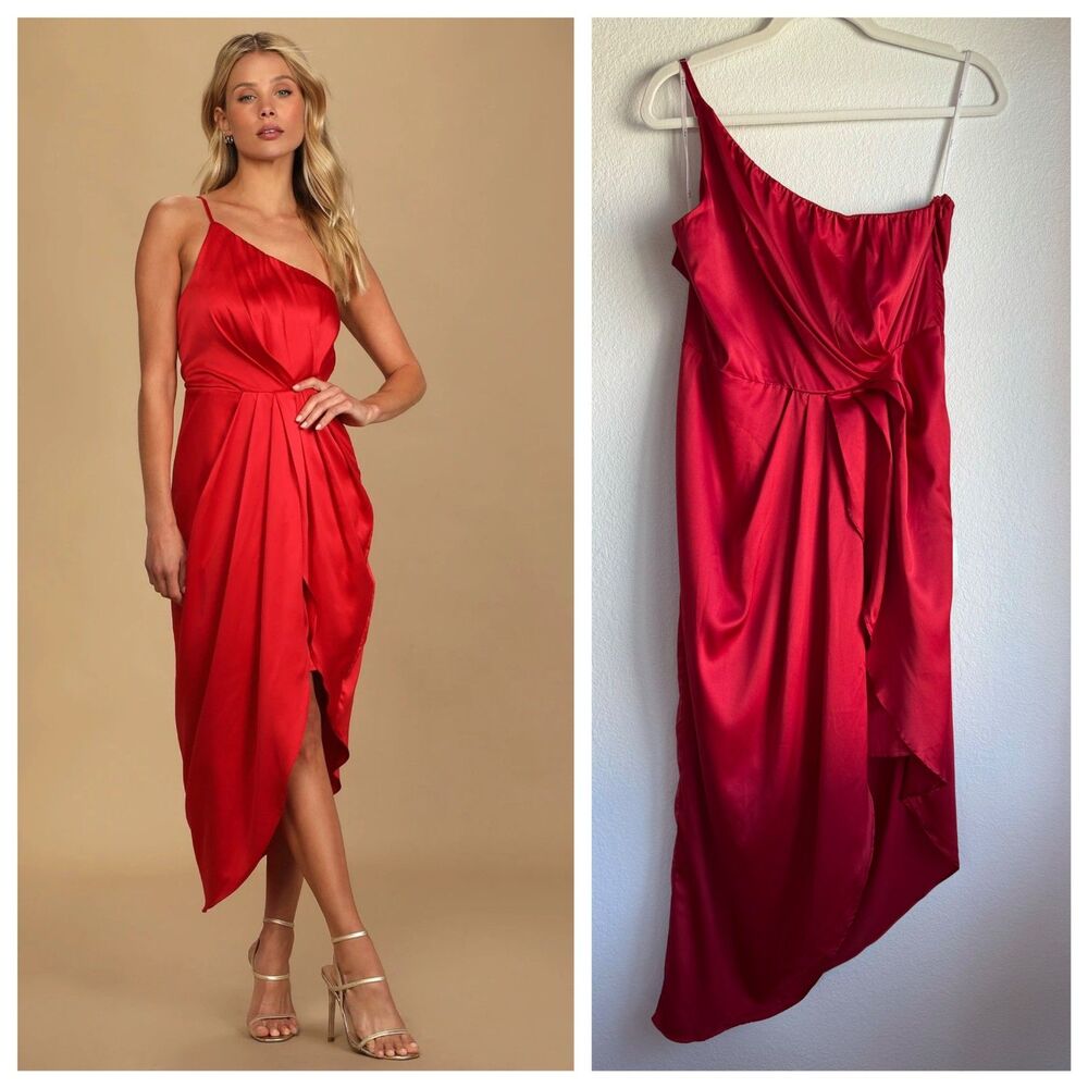 Lulus Law of Attraction Red Satin One-Shoulder Asymmetrical Midi Dress Size XL
